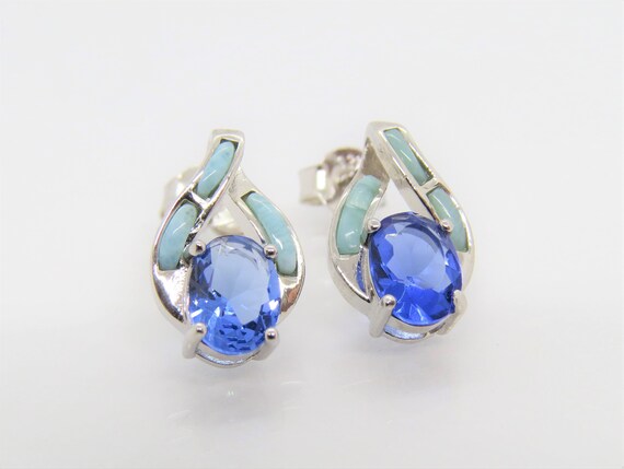 Vintage Sterling Silver Larimar & Tanzanite Earri… - image 5