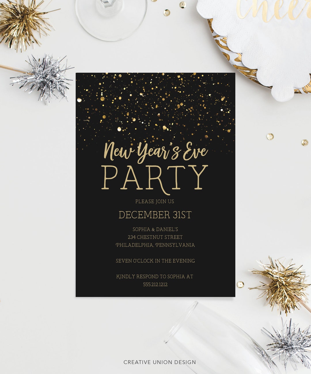 New Year's Eve Party Invitation Template, Confetti, New Years Party ...