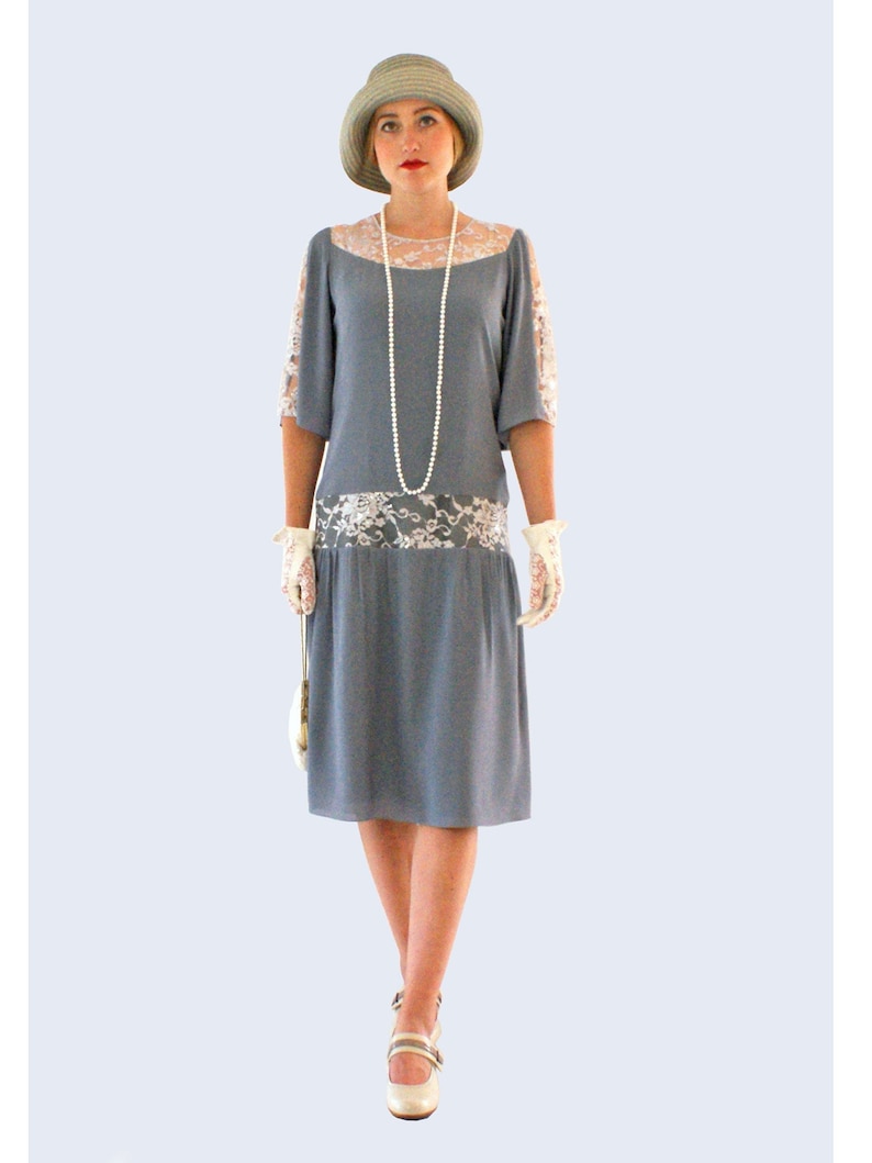 Great Gatsby Dress – Great Gatsby Dresses for Sale Grey Great Gatsby dress with elbow-length sleeves 1920s dress flapper costume Charleston dress Roaring 20s fashion Downton Abbey dress $112.00 AT vintagedancer.com