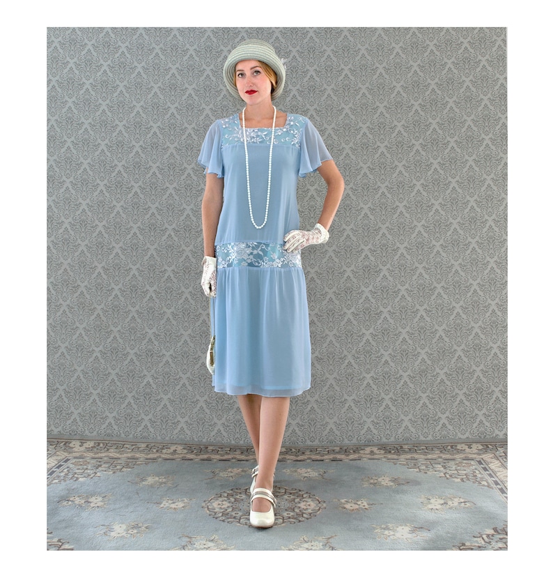 Great Gatsby Dress – Great Gatsby Dresses for Sale     Blue crepe georgette Great Gatsby dress with flutter sleeves 1920s flapper dress Downton Abbey dress 20s high tea dress Charleston dress $130.00 AT vintagedancer.com