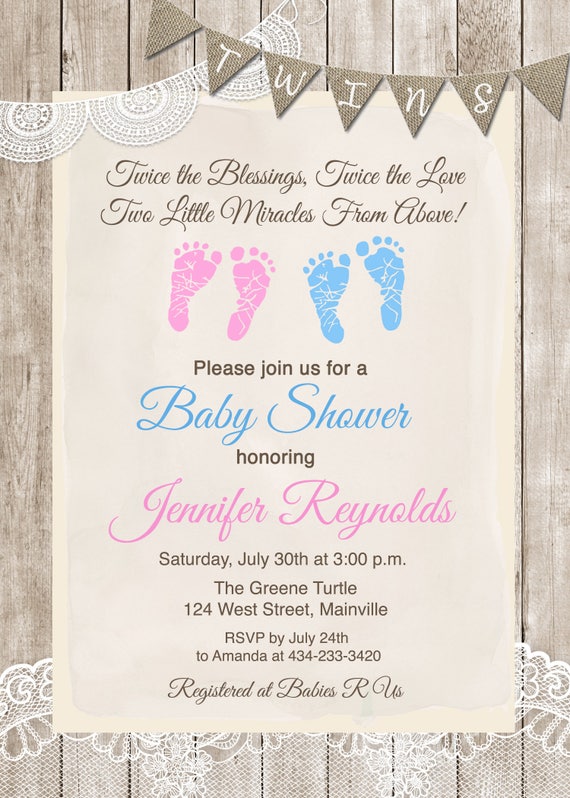 twins baby shower invitation, twins, boy, girl, baby shower, footprints,  invitation, any genders, digital or printed