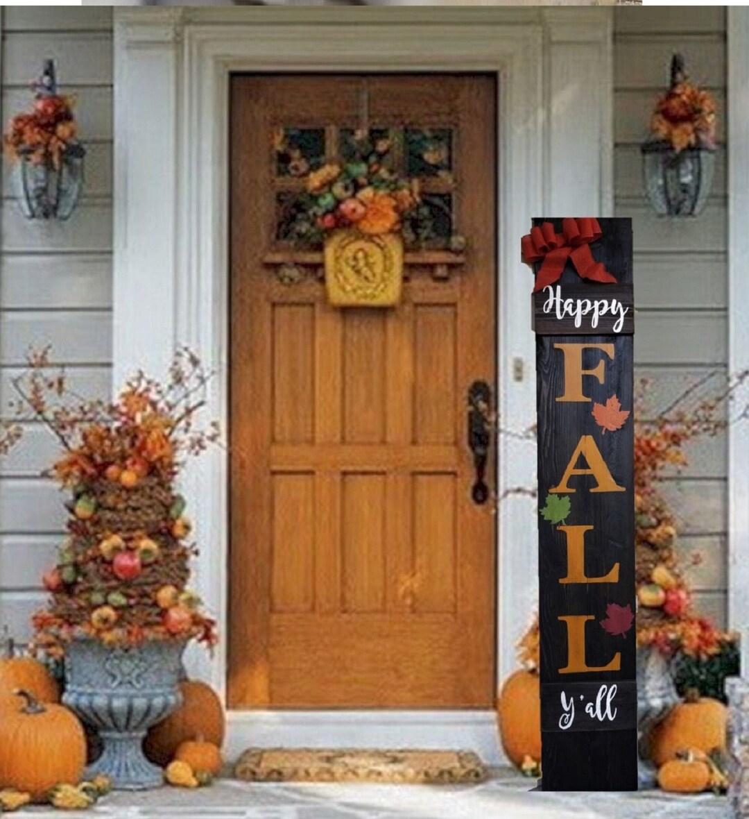 Happy Fall Porch Sign Autumn Leaves Orange Burlap Bow Hand Painted 6FT ...