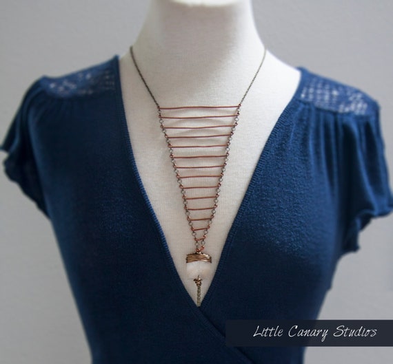 Hand-hammered Copper Wire Bar Ladder Necklace with Crystal Tassel Pendant LittleCanaryStudios Copper Necklace