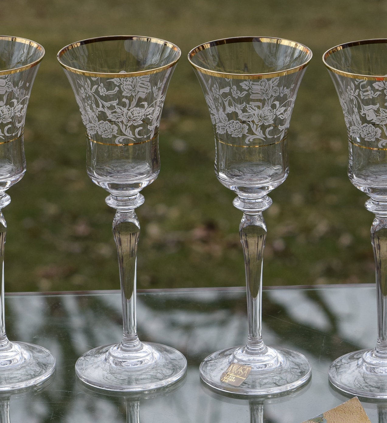 Vintage Gold Rimmed Etched Wine Glasses, Set of 2, Antique Lace ...