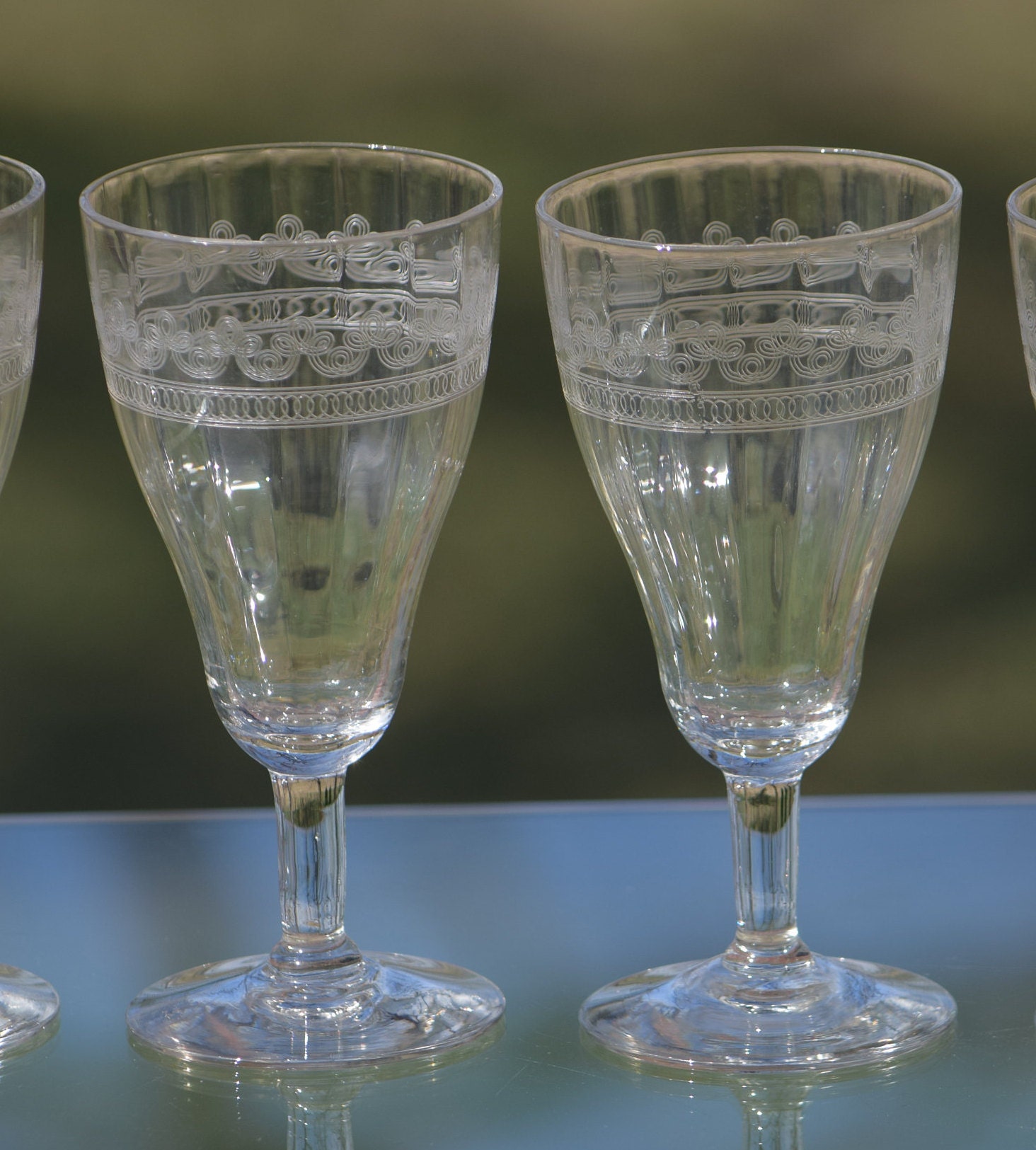 Antique Needle Etched Optic Wine Glasses, Set of 7, circa 1920's ...