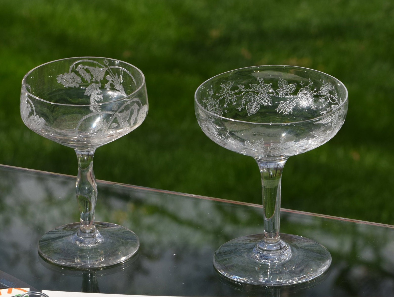 Vintage Needle Etched Cocktail Martini Glasses, Set of 4 Mis-Matched ...