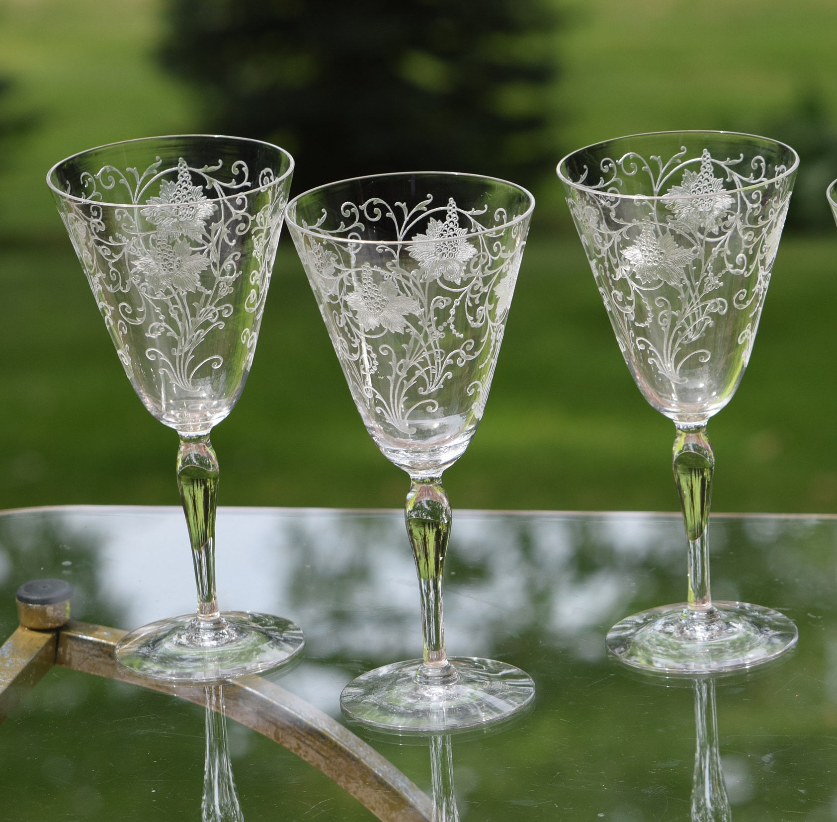 Vintage Needle Etched Wine Glasses, Set of 5, Fostoria, Woodland, circa ...