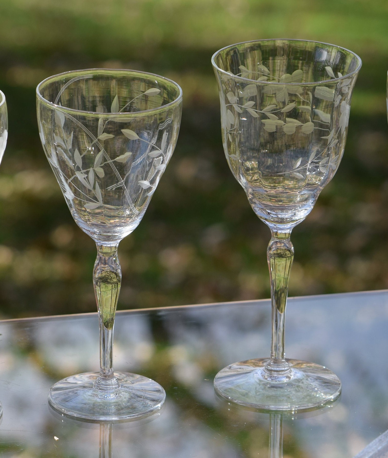 Vintage Etched Wine Glasses, Set of 4, Mismatched Etched Wine Glasses ...