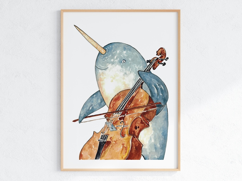 Narwhal Cello Player Watercolor Painting Print Art, Illustration Whale ...