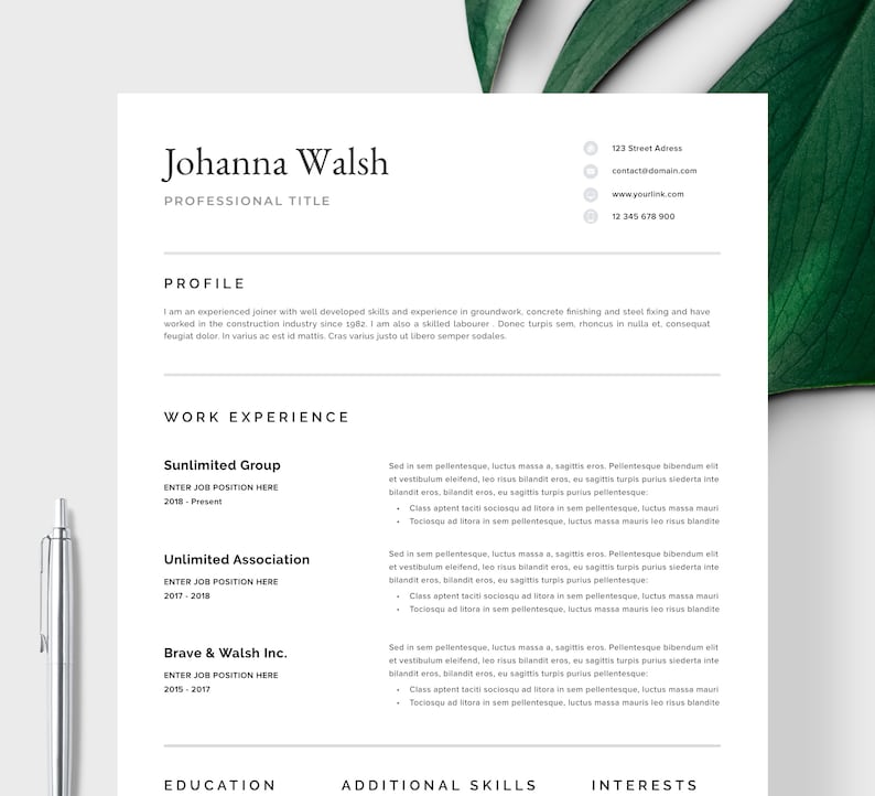 Modern Resume Template CV Template Cover Letter - Etsy