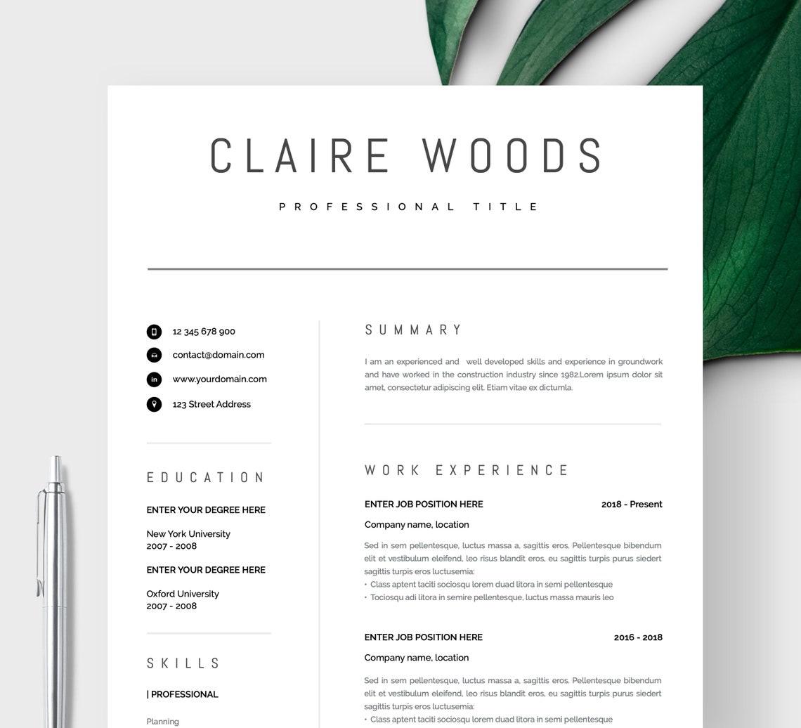 Resume Template Professional Resume Template for Word and Mac - Etsy