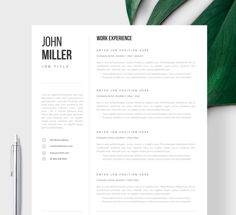 Professional Resume Template, Clean & Modern Resume Template, One Page ...