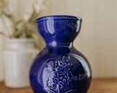 Vintage Ceramic Blue Floral Vase - Cobalt Blue Vase with Embossed Daisy Floral Design Ceramic Bulb Pot Handmade Pottery Blue Decor Kitchen