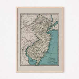 NEW JERSEY MAP, Vintage Map of New Jersey State U.S.A., Old Map Print ...