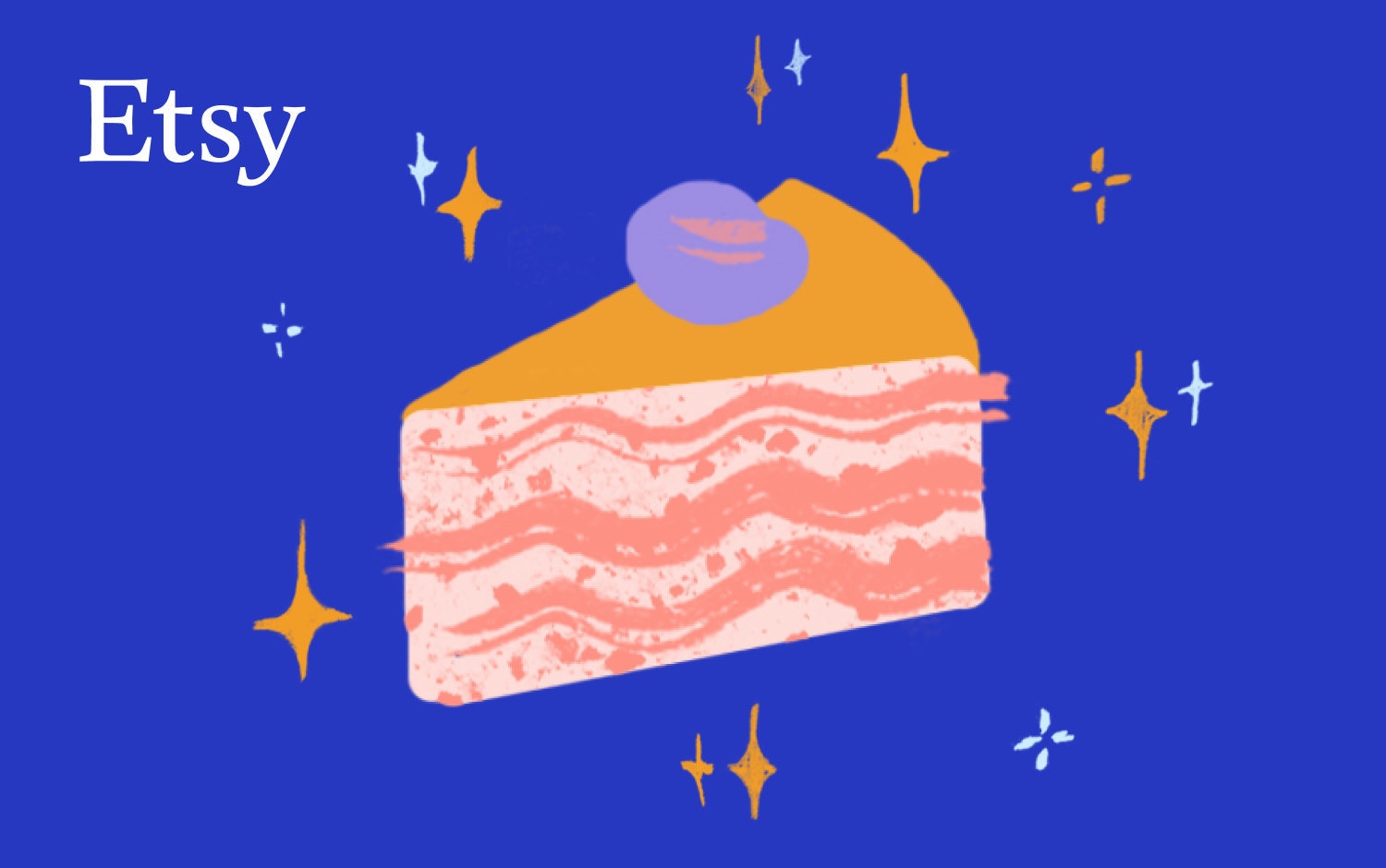 Illustration of a slice of layered cake with pink frosting, topped with a purple decoration resembling a berry. The cake is set against a deep blue background, sprinkled with various white and yellow sparkles. In the upper left corner, there's a white Etsy logo