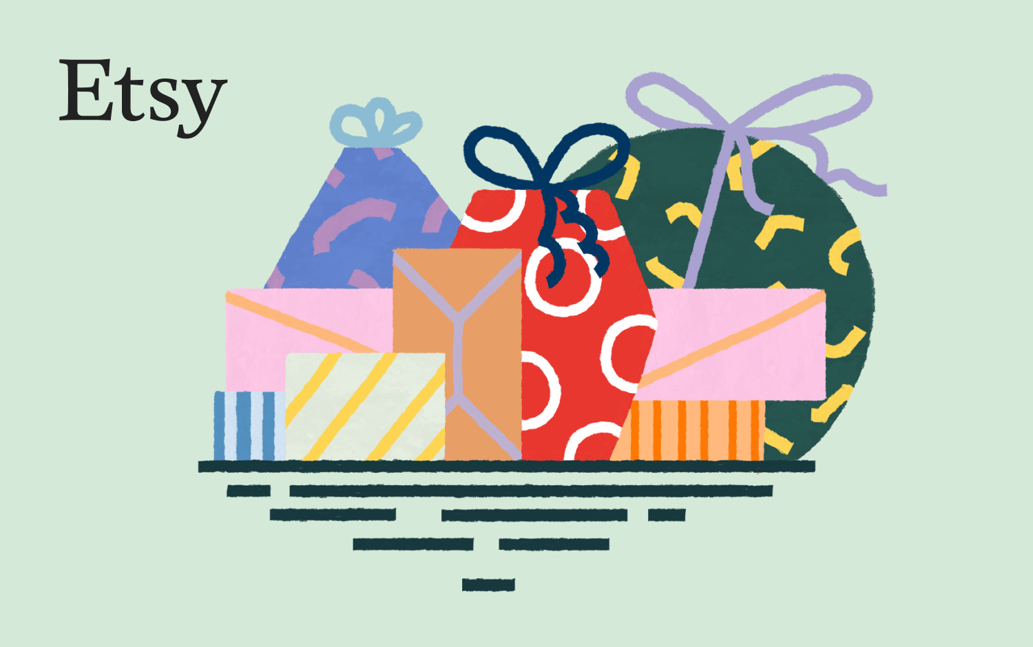 Illustration of an assortment of multicolored wrapped presents with a light pastel green background and a small Etsy logo in white font in the top left corner