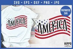 American Flag SVG with the word America inside the flag shown on a t-shirt