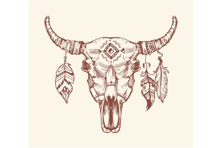 Aztec tribal buffalo skull vector t-shirt print, tattoo. Dea