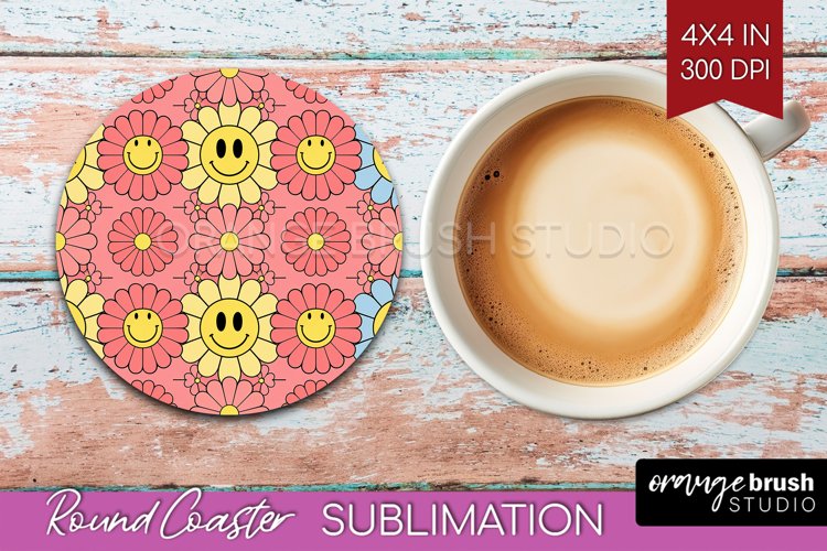 Retro Flowers Round Coaster - Groovy Coaster PNG Sublimation