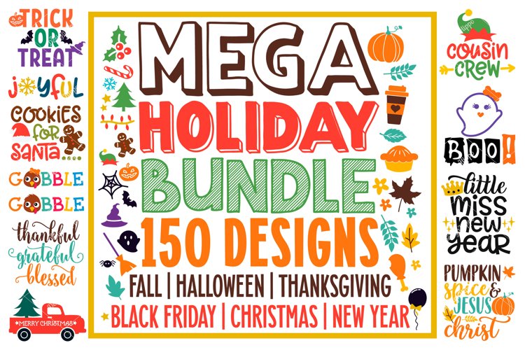 Mega Holiday SVG Bundle of 150 Designs, PNG DXF Cut Files