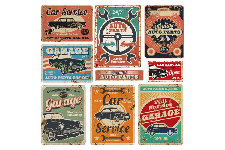 Vintage road vehicle repair service, garage and car mechanic