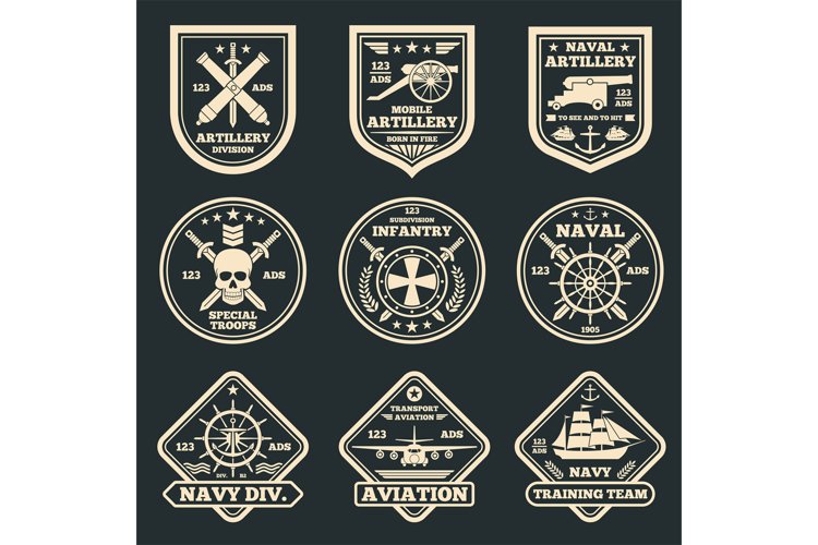 Vintage military and army vector emblems, badges and labels