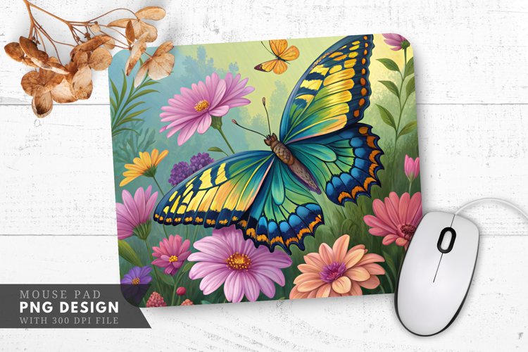 Vibrant Butterfly with Flowers Mouse Pad PNG Design