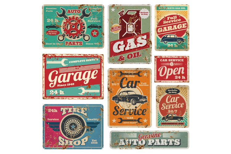 Vintage car service and gas station vector metal signs