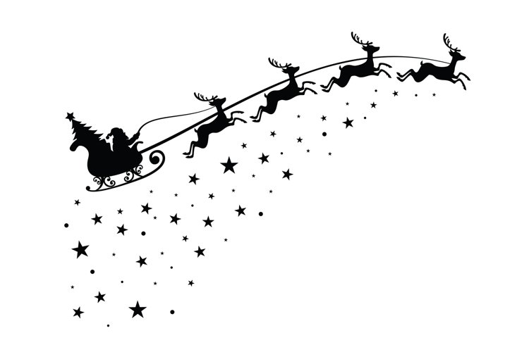 Santa Claus on sleigh flying sky with deers black vector sil