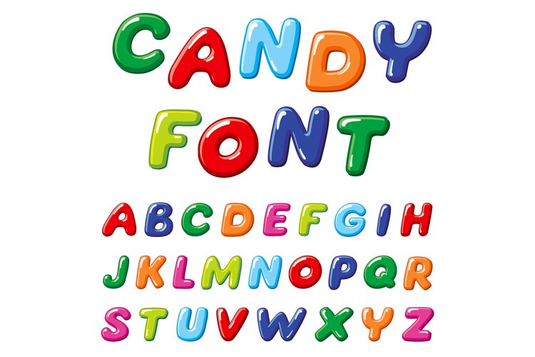 Cartoon candy kids vector alphabet. Rainbow funny alphabet