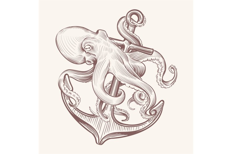 Octopus with anchor. Sketch sea kraken squid holding ship an