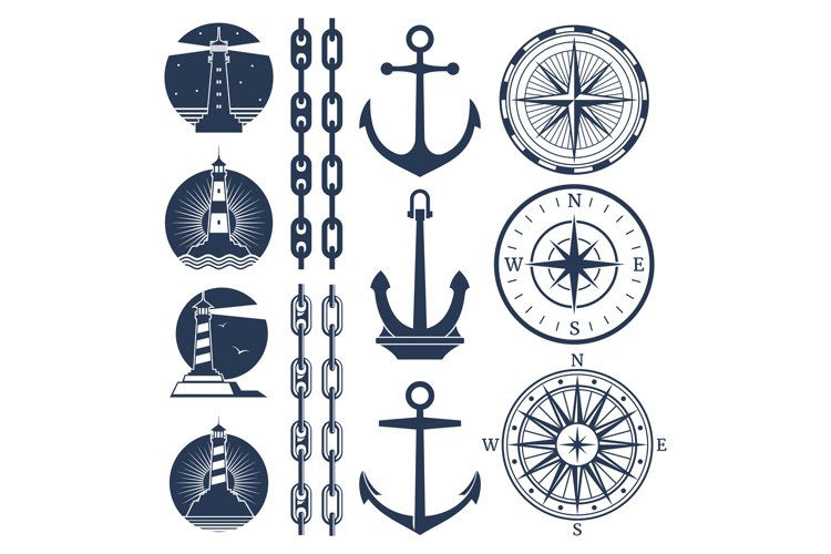 Nautical logos and elements set - compass lighthouses anchor