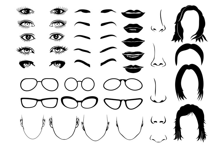 Woman face parts, eye, glasses, lips and hair. Vector female