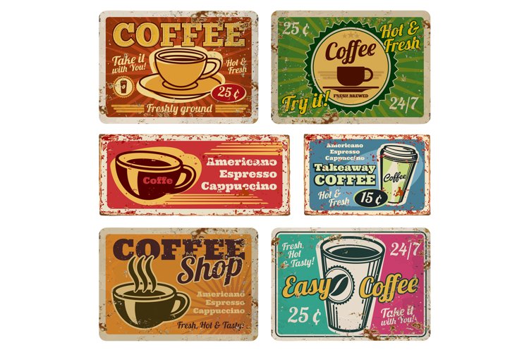 Vintage coffee shop and cafe metal vector signs in old 1940s