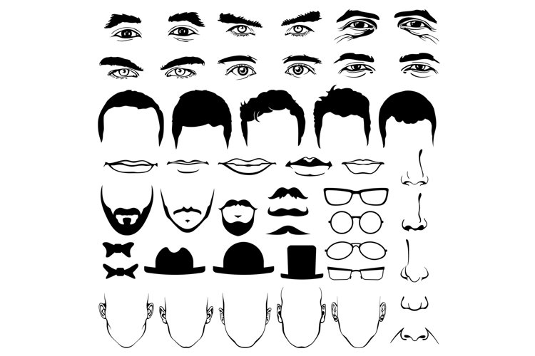 Man face eyes and noses, mustaches with glasses, hats or lip