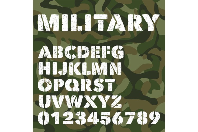 Old military alphabet, bold letters and numbers on army gree