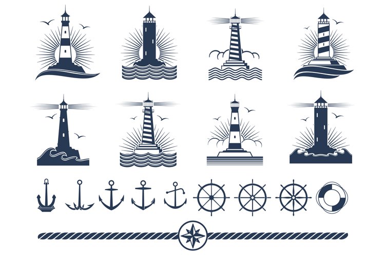 Nautical logos and elements set - anchors lighthouses rope