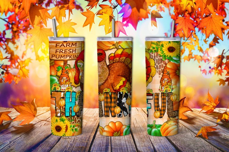 20 oz Skinny Thankful Tumbler Sublimation - Thanksgiving PNG