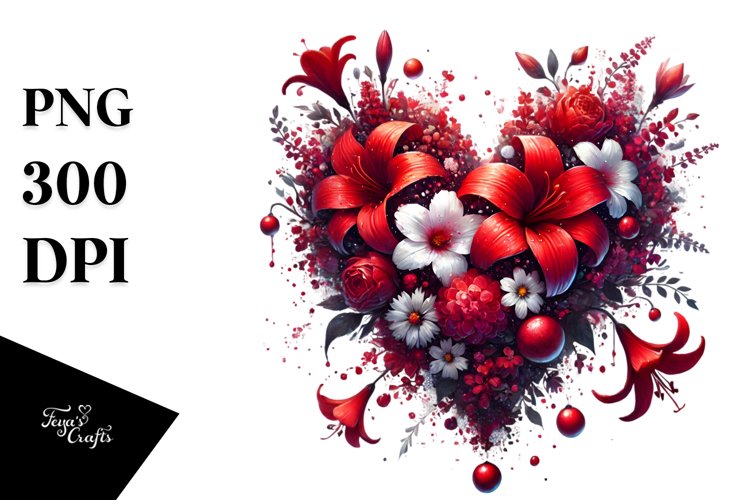 Red Spring Flowers Heart, Digital Painting PNG