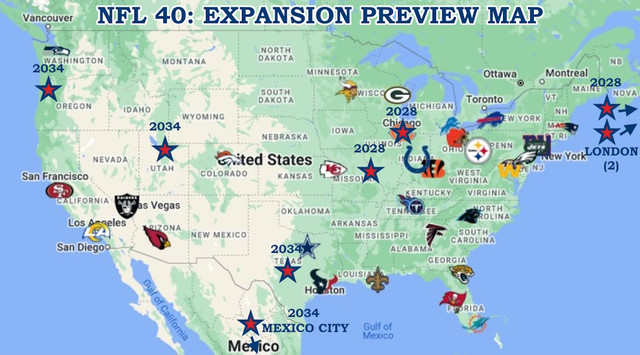 2028: Chicago, London (2), St. Louis
2034: Mexico City, Portland, Salt Lake City, San Antonio