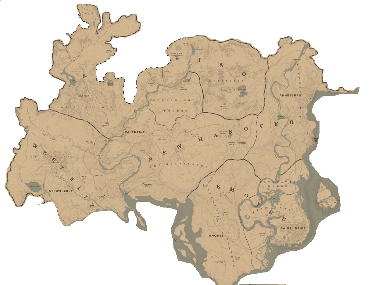 The new portion of the RDR2 Map (Featuring only the playable areas ...