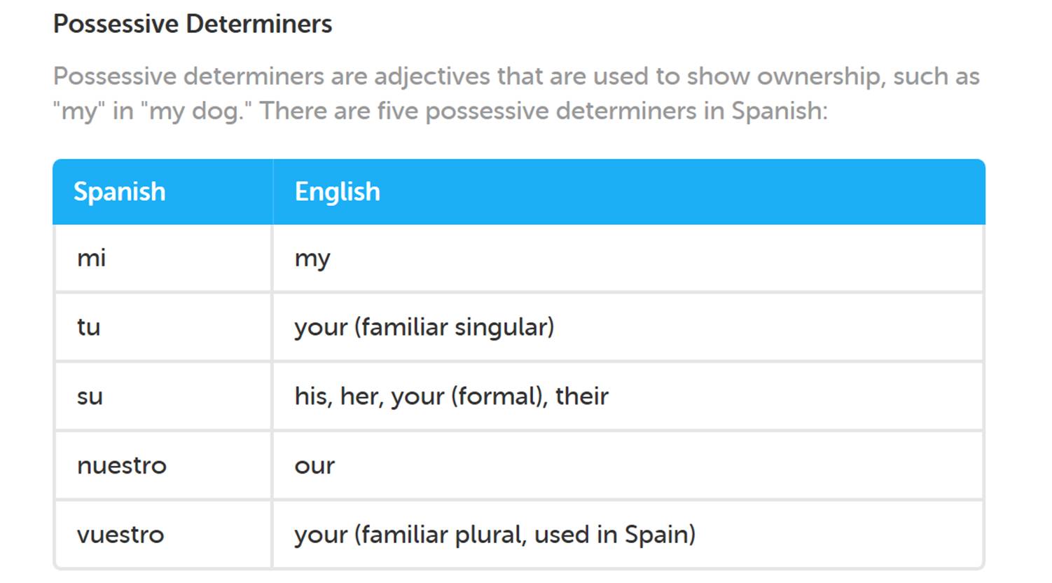 Possessive Adjectives In Spanish Chart