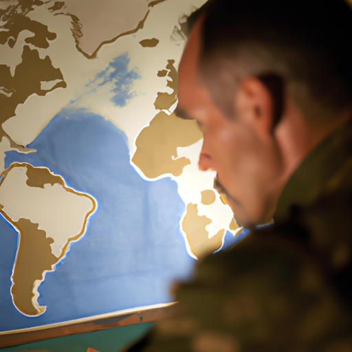 's military forces looks out from his headquarters at a map of the world, deep in thought.

A commander looks out from his headquarters at a map of the world.