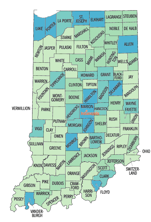 Indiana: Persons per square mile, 2000