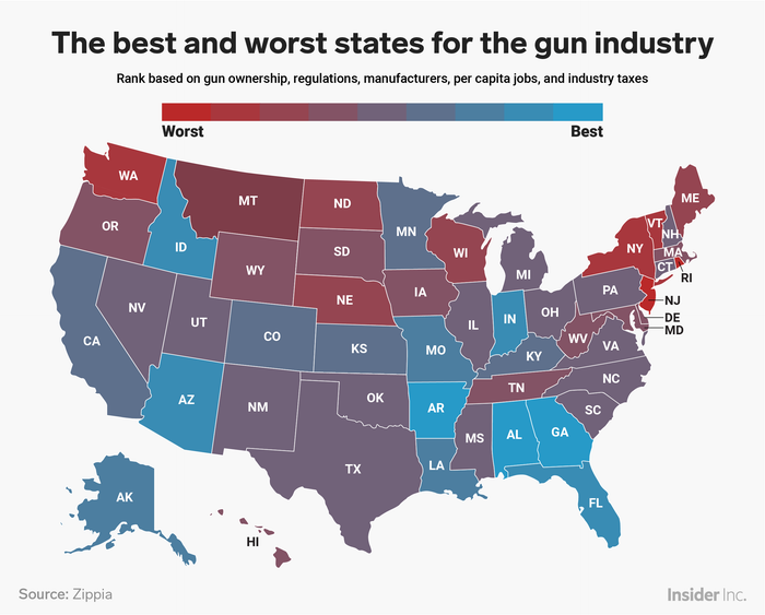 Best and worst states for gun industry