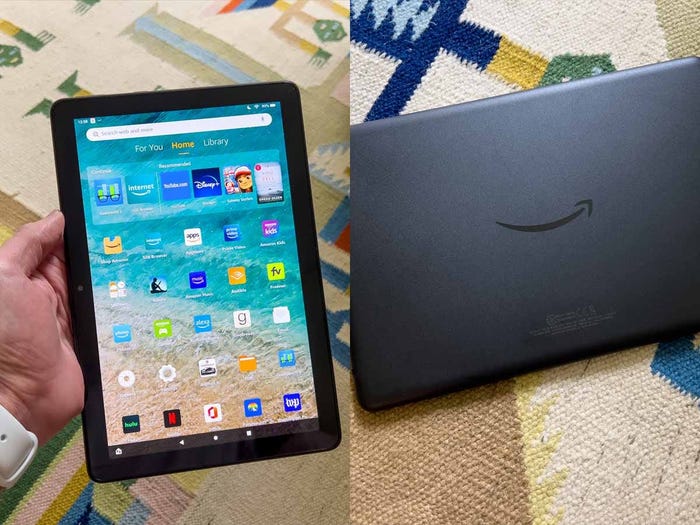 The front and back of the Amazon Fire HD 10 (2021) tablet.