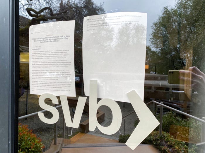 A locked door to a Silicon Valley Bank (SVB) location on Sand Hill Road is seen in Menlo Park, California, U.S. March 10, 2023.