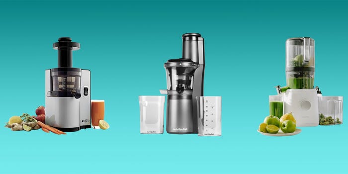 Three of the best juicers on a gradient teal background.