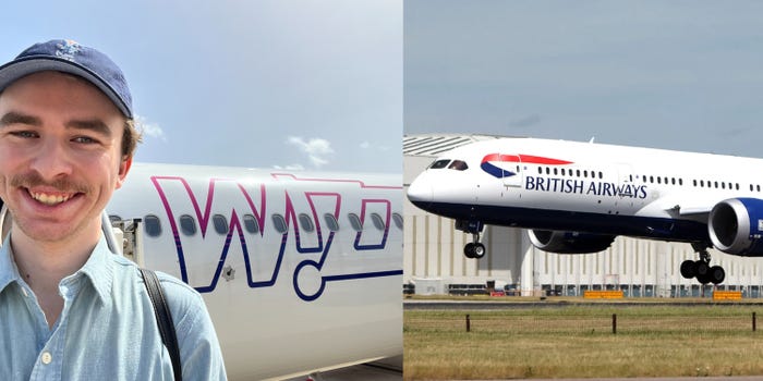 A collage of the author taking a selfie in front of a Wizz Air A321neo, and a British Airways Boeing 787 Dreamliner