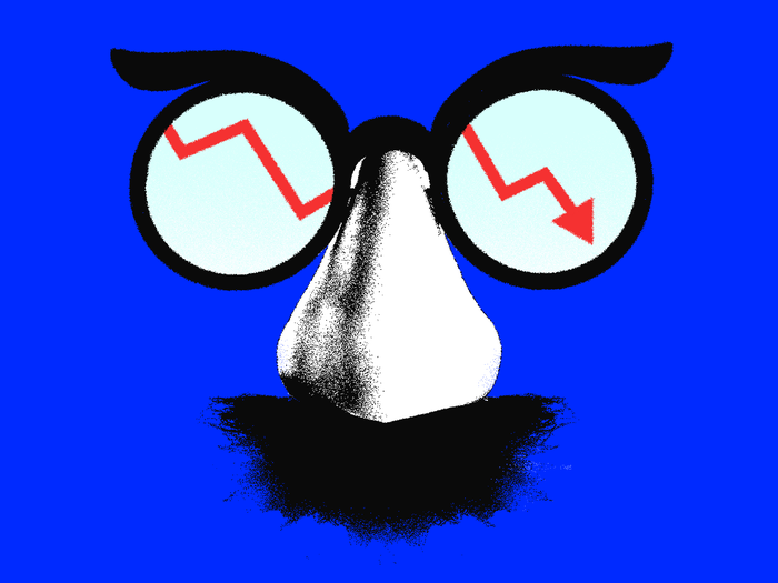 A glasses and mustache disguise with a downward stock arrow